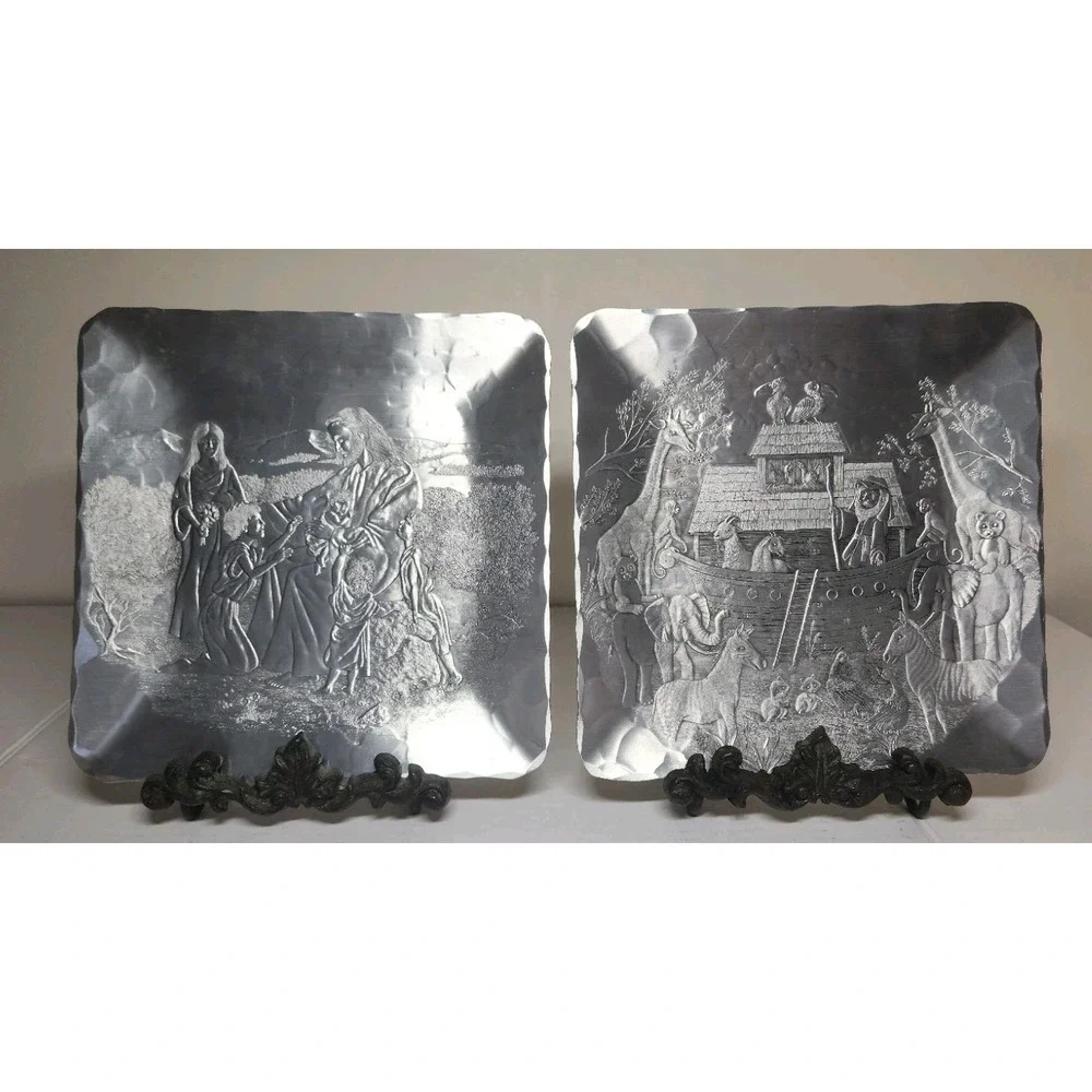 Set Of 2 Wendell August Forged Trays Jesus Loves The Children & Noah's Ark 9